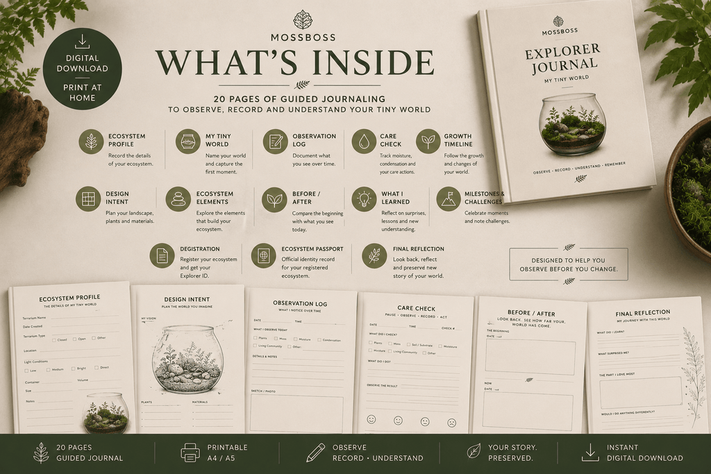 MossBoss Explorer Journal contents and main sections for observing and documenting a terrarium ecosystem
