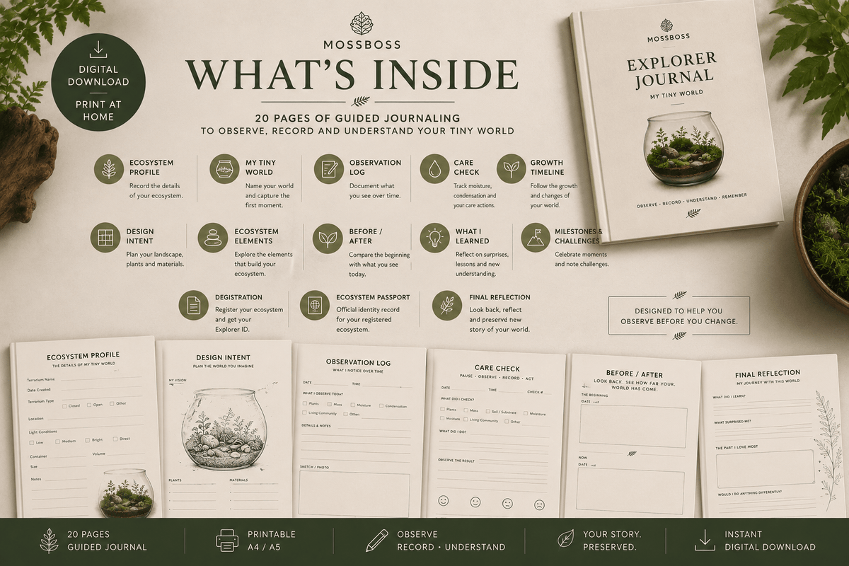 MossBoss Explorer Journal contents and main sections for observing and documenting a terrarium ecosystem