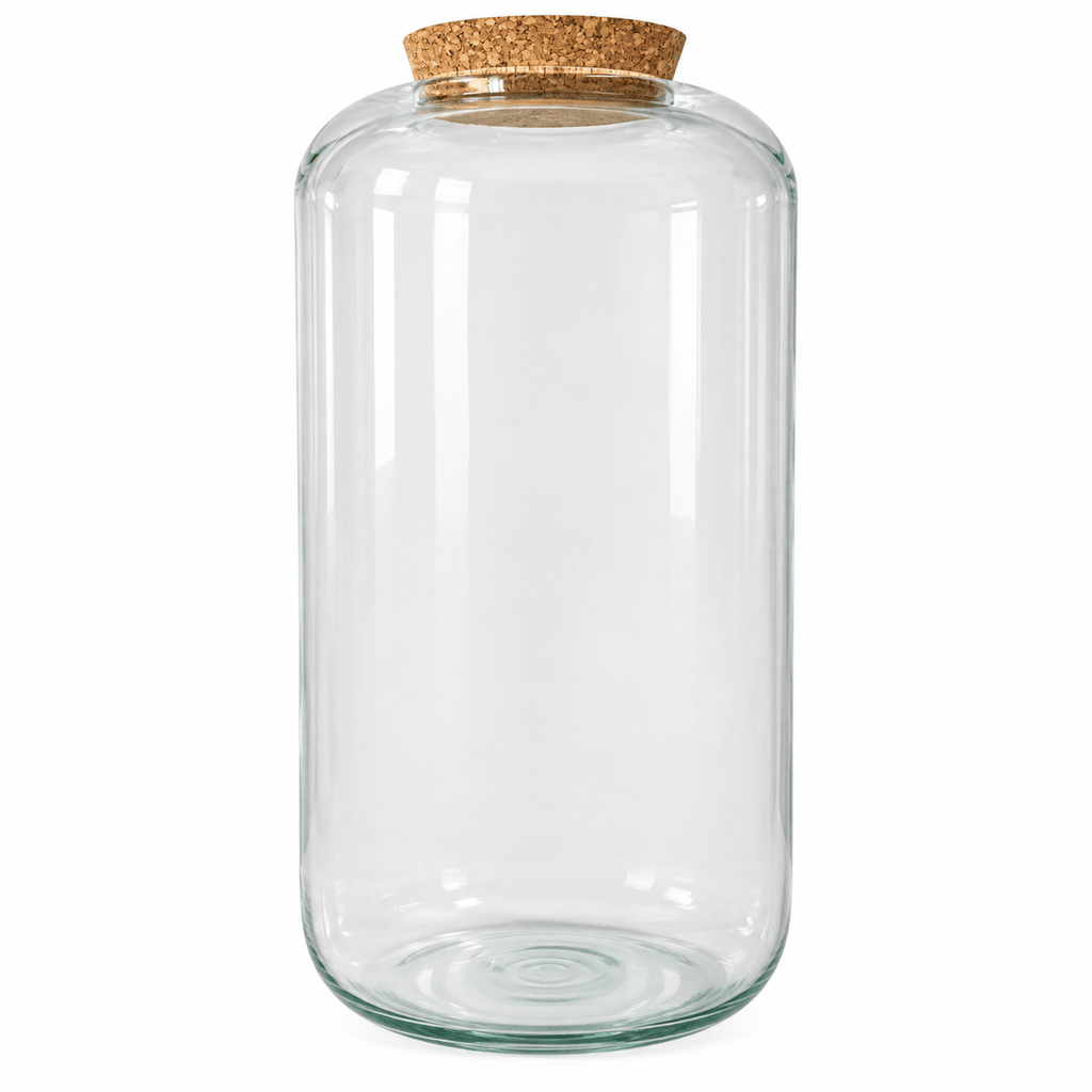 Empty clear glass terrarium jar with natural cork lid, 39 × 19 cm