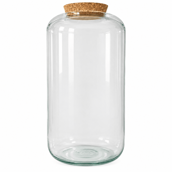 Empty clear glass terrarium jar with natural cork lid, 39 × 19 cm