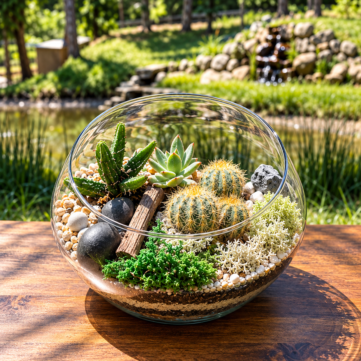 MossBoss open terrarium with cacti, succulents, moss, stones and layered natural substrates