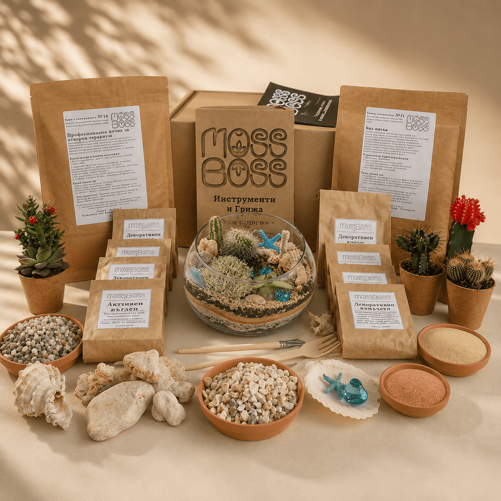 A styled product display of a moss care kit by Moss Boss, featuring brown paper bags of soil and nutrients, a central cardboard box with the Moss Boss logo, a glass bowl with a planted cactus, small potted cacti, rocks, pebbles, and bowls of growing media, all arranged on a beige surface under warm, dappled sunlight.