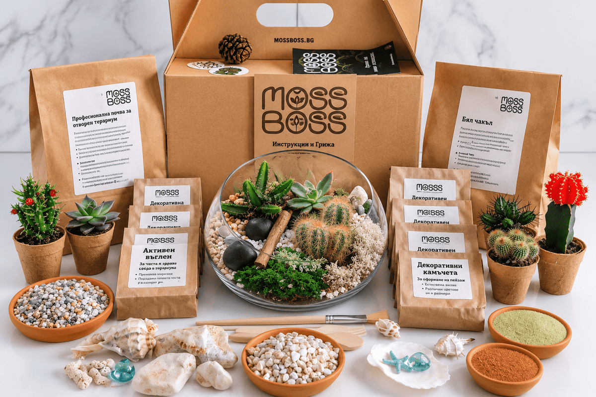 A styled product display of a moss care kit by Moss Boss, featuring brown paper bags of soil and nutrients, a central cardboard box with the Moss Boss logo, a glass bowl with a planted cactus, small potted cacti, rocks, pebbles, and bowls of growing media, all arranged on a beige surface under warm, dappled sunlight.