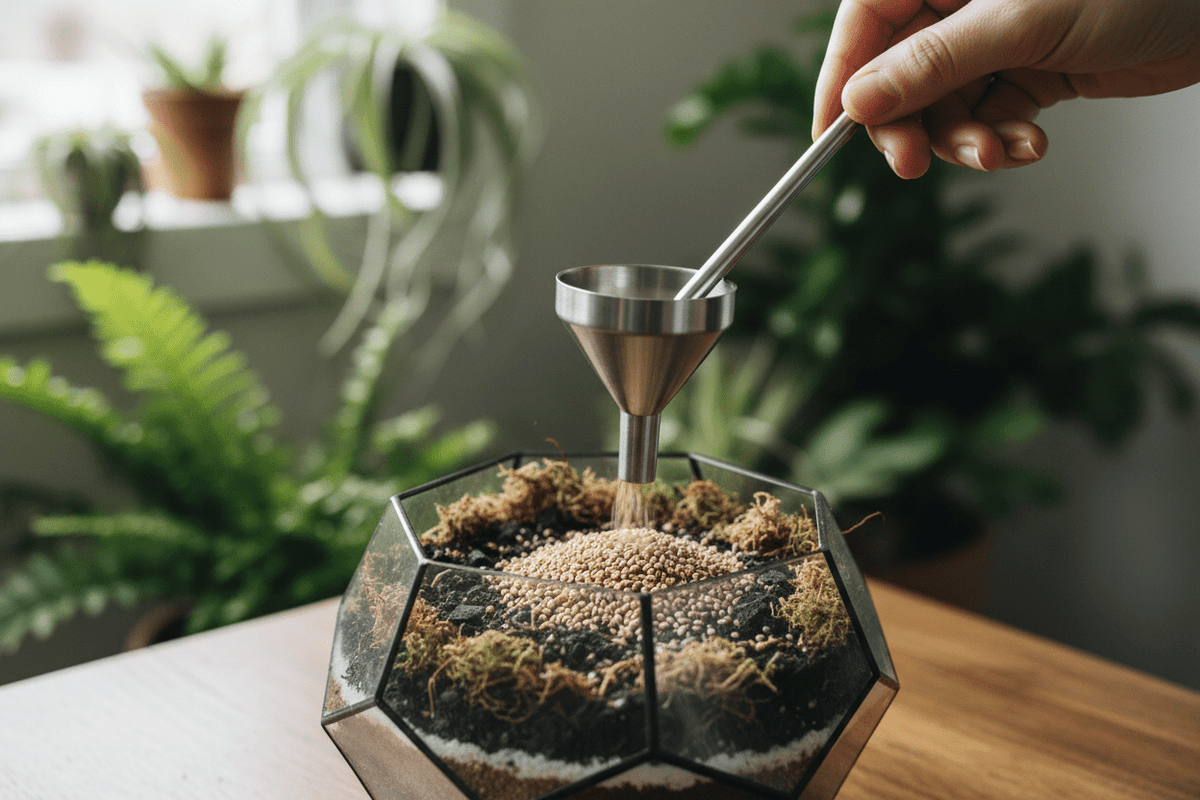 Narrow funnel for controlled pouring of substrates and gravel in terrariums and plant containers. Clean, precise, and reusable.