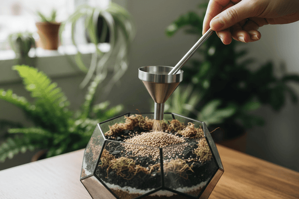 Narrow funnel for controlled pouring of substrates and gravel in terrariums and plant containers. Clean, precise, and reusable.