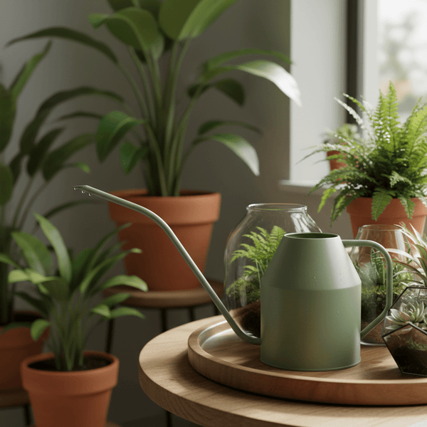 Narrow spout watering can for precise, controlled watering of plants and open containers. Designed for calm plant care routines.