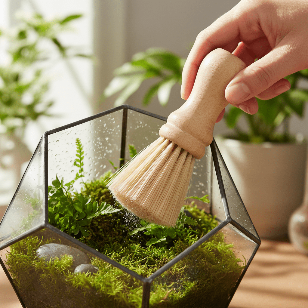 Natural fiber brush for gentle cleaning and detailing of TERRARIUMS and plant displays.
