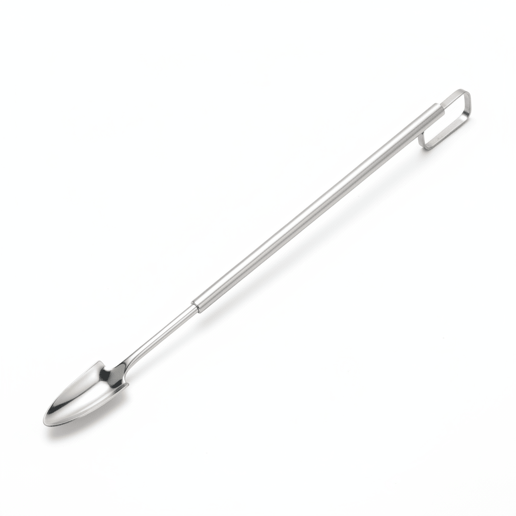 Planting spoon for controlled soil placement and layering in terrariums and plant containers. Designed for careful, precise work.