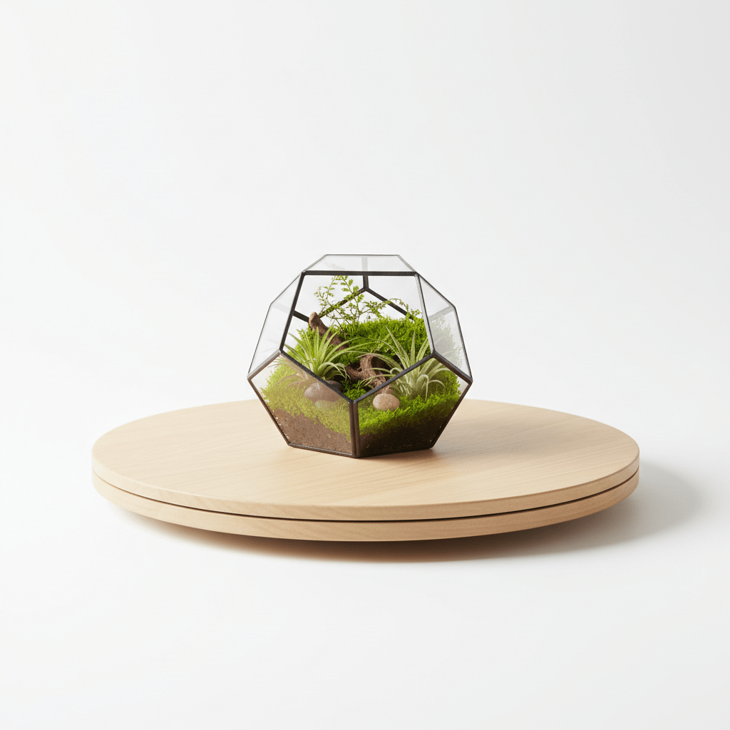 Rotating display base for terrariums and plant arrangements. Designed for calm observation and presentation.