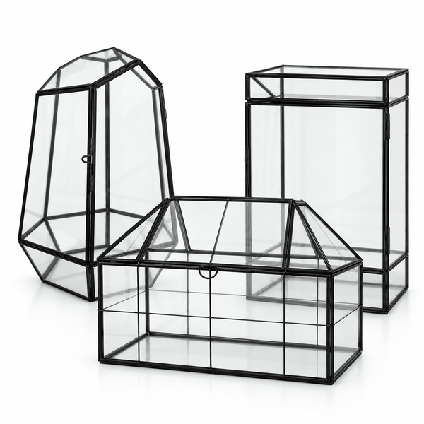 Three geometric glass terrariums with black metal frames – MossBoss