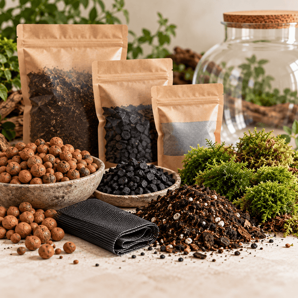 Terrarium refill kit with LECA, mesh, activated charcoal, terrarium soil and live moss